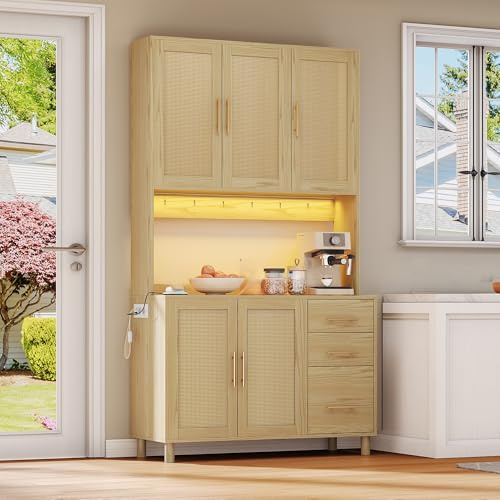 LAKFEW Küchenschrank mit Arbeitsplatte und LED-Deko-Lichter, Buffetschrank Küchenschränke mit Verstellbaren Ablagen, Küchenbuffet mit Goldene Metallgriffe und 3 Schubladen, 100x40x183 cm, Naturfarbe
