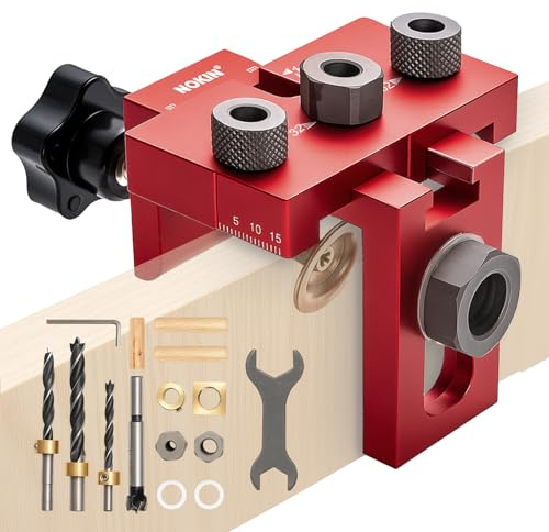3-in-1 Holzbohrlehre Set Rote Taschenloch Bohrschablone, Dübellehren & Regalbohrungen, Schrägloch Taschenlochlehre Pocket Hole Jig Set inkl. 6/8/10 mm Bohrer mit Anschlag & 15 mm Bohrer