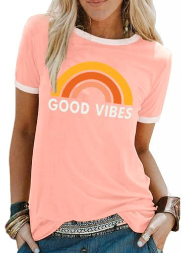 heekpek T-Shirt Femme Été Chemisier Chic T-Shirts Blouse Col Rond Tops Manches Courtes T Shirt Grande Taille Coton T Shirt Imprimé, V Rose, M