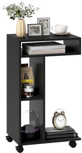 HOMCOM Beistelltisch C-Form 4 Regale Rollen 40 x 30 x 69 cm Schwarz | Schmaler Nachttisch, Couchtisch, Wohnzimmertisch, Laptoptisch, für Wohnzimmer Schlafzimmer