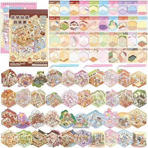 Richunie 40 Stück 3D House Stickers Scene Set，60 PET Sticker, 3 Pinzette, Stickerbuch, Sticker Book, DIY-Aufkleber für Basteln, Relief Stress