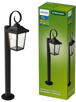 Philips Buzzard Außen-Sockelleuchte + E27 LED-Lampe, warmweißes Licht, IP44-wetterfest, langlebig, Aluminium, klassisches Design, schwarz