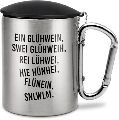 Prozente Momente Ein Glühwein swei Glühweih... | Edelstahl-Trinkbecher mit Karabinerhaken und Deckel | Geschenkidee | 330 ml | Becher | Camping | Vereine | Silber (Silber mit Deckel)
