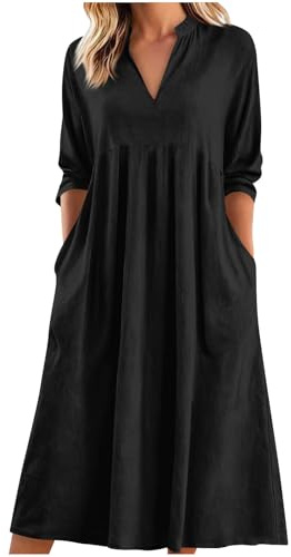 KUIH Summer Linen Dresses for Women UK Loose Pleated Midi Dress 3/4 Sleeve V Neck Sundress with Pocket Tunic Flowy A-Line Casual Dresses for Party Holiday Vacation Travel