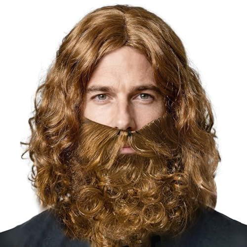ZXTGBQ Herren Braun Perücke & Bart Halloween Cosplay Perückee, Jesus Perücke und Bart Kostüm Herren, BBart Vollbart Braun Karneval Halloween Hipster Räuber Bandit Prophet Moses Gott, BBart Perückee