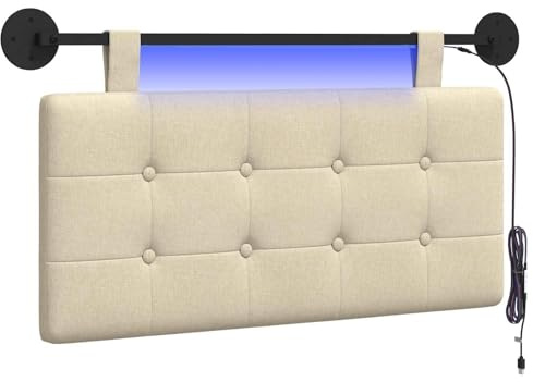 vidaXL Hängendes Kopfteil Mit LED Licht Creme Stoff, Moderner, rechteckiger Polster-Kopfteil, Wandmontage, anpassbare Schlafzimmer-Deko, platzsparende Möbel Ideen