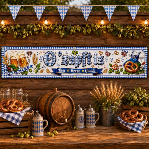 Oktoberfest Banner 300x50 Cm, Als Bayrische Deko O'zapft Is, Oktoberfest Deko Gartenbanner Mit Brezel Bier Motiv Für Bierzelt Bierfest Garten Zaun Terrasse Outdoor