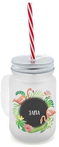 printplanet® - Trinkglas mit Henkel und Strohhalm - Bedruckt mit Namen Jana Layout Tropisch - Henkel-Glas satiniert mit Deckel und Mehrweg-Trinkhalm