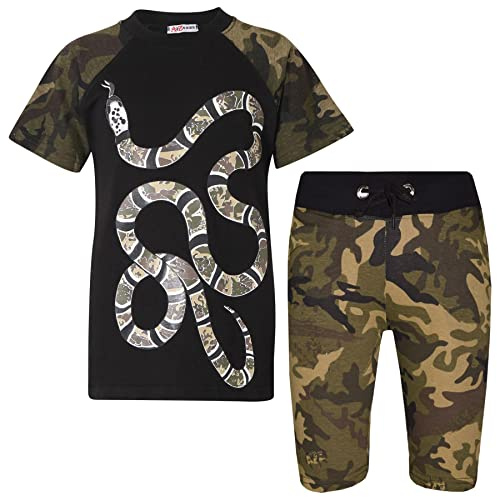 A2Z 4 Kids Snake Camo Print Top & Shorts Set Two Colour Contrast Short Sleeves T Shirt Summer Outfit 2 Piece Activewear Girls Boys Age 5-13 Years