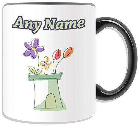 UNIGIFT Personalised Gift - Flower Pot Mug (Nature Plants Design Theme, Colour Options) - Any Name/Message on Your Unique - Beautiful Flower