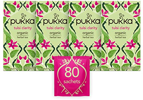 Pukka Herbs | Tulsi Clarity Organic Herbal Tea | Green, Purple and Lemon Tulsi| Perfect For Focusing | 4 packs | 80 Sachets