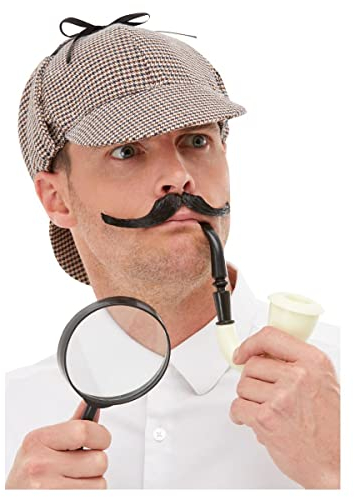 Smiffys Detective Kit, Multi-Coloured with Hat, Pipe & Magnifying Glass, Historical Fancy Dress, Adult Dress Up Accessories