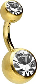 PIERCINGLINE Bauchnabelpiercing Titan 2 KUGELN MIT KRISTALL Piercing Bananabell Banane Goldfarben Kristallklar 10 mm