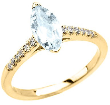 Bague Femme/Bague De Fiançailles 9 ct Or Jaune Marquise Aquamarine Et Diamant