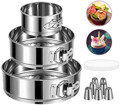 E-Gtong Stainless Steel Cake Pan Set - 3 Sizes 4 7 9 Leakproof Round Cheesecake Pan with Removable Bottom, 50 Pcs Parchment Paper Liners and 7 Pcs Russian Piping Tips