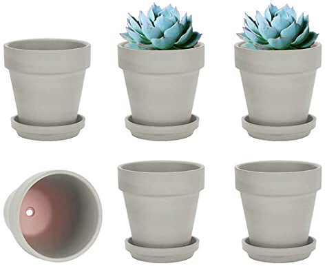 vensovo 10,2cm Grauer Tontopf für Pflanzen mit Untertasse - 6er Pack Kleiner Terrakotta-Pflanzentopf mit Drainageloch, Blumentopf mit Tablett, Terrakotta-Topf für Indoor Outdoor-Pflanzen