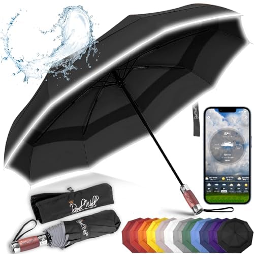 Royal Walk Paraguas de viaje plegable resistente al viento, compacto y fuerte, mango de madera auténtica, apertura automática, doble toldo ventilado para hombres y mujeres, Black, L, Moderno