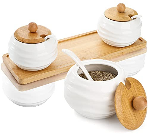 Peohud Lot de 3 pots à condiments en porcelaine, boîte à assaisonnement, sucrier avec cuillères en céramique, couvercle en bambou et plateau de service, pot à épices pour sucre, sel, thé, café, épices