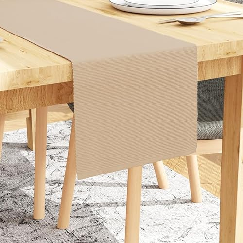Encasa XO Tischläufer | Garngefärbte Feinripp-Baumwolle | Größe 32x150 cm | Solide Beige | Maschinenwaschbar