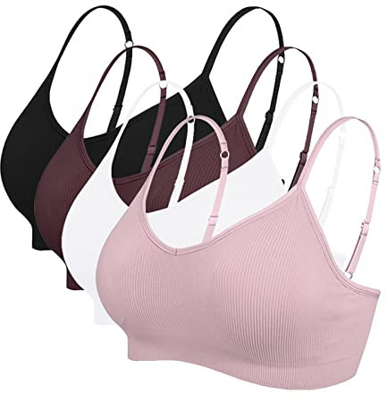 Vertvie Damen 2/3/4er Set Basic Wohlfühl BH Sport BH Spaghettiträger Bralette ohne Bügel Nahtlose Gepolsterte mit Spaghetti Bra Top Low Support Bra(S,Schwarz/Braun/Weiß/Lila)