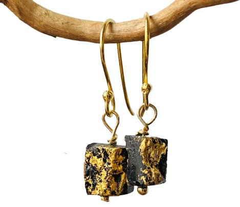 Ohrhänger Schwarzer Turmalin Rohstein veredelt mit Blattgold, Gold Ohrringe Schörl Heilstein Schmuck, Sprirituelle Geschenk Idee