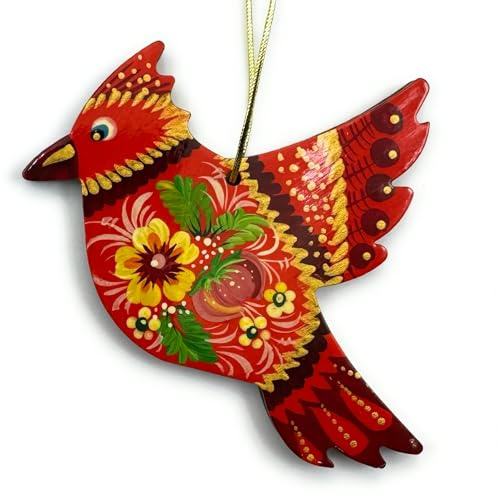 Kardinal Christbaumschmuck Vogel aus Holz 9.5 х 8 cm Kunstvoll Handbemalt in der Ukraine nach Petrykiwka Tradition, Ukrainischer Weihnachtsschmuck für Christbaum