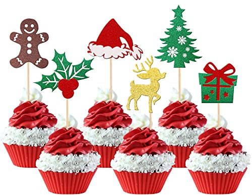 Xsstarmi 24 Pack Christmas Cupcake Toppers Glitter Holly Leaves and Berries Santa Hat Cupcake Picks Christmas Deer Tree Cake Decorations for Merry Christmas Theme Holiday Birthday Party