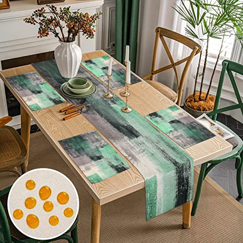 Tischläufer Modern Wohnzimmer 40x140cm und Tischsets 45x32cm Mintgrün und Grau Malerei Kunst Tischdeko Tischsets Leinenoptik Platzsets Tischläufer Outdoor Wetterfest Tischdecke für Garten Esstisch