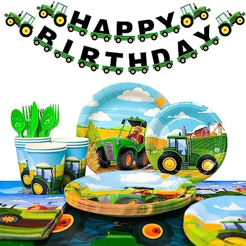 Traktor Geburtstag Deko Geschirr,130pcs Traktor Partygeschirr Set-Traktor Geburtstag Teller Becher Tischdecke Banner etc Traktor Geburtstag Supplies