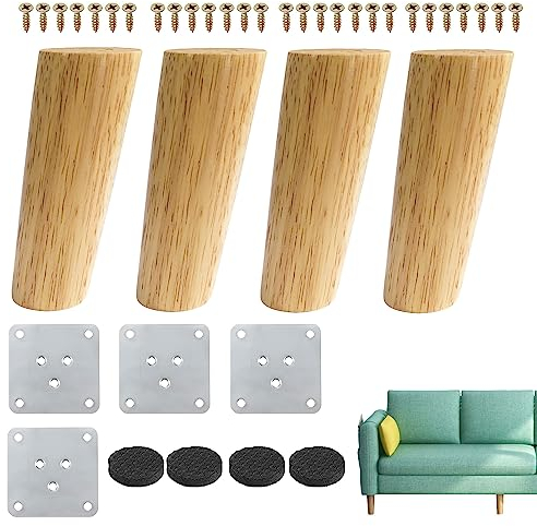 Lot de 4 Pieds de Meuble en Bois Oblique Pieds de Table en Bois Conique Massif 12 cm Pieds de Canapé de Rechange avec Vis et Protecteur antidérapant pour Meuble TV Armoire Meuble Sofa Fauteuil Lit
