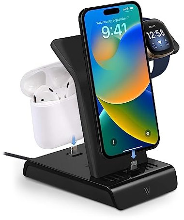 Wasserstein 3-in-1-Ladestation für iPhone, Airpods und Fitbit - Made for Fitbit Certified - Laden Sie mehrere Apple-Geräte mit Dieser iPhone-Ladestation auf (Schwarz)
