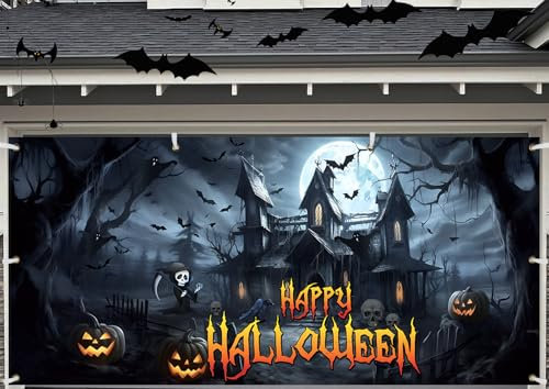 Halloween-Garagentor-Dekorationen, gruselige Garagentor-Banner mit Ösen, 1,8 x 4 m, blutiger Hintergrund, gruseliger Geist, Horror, Outdoor, Happy Halloween/W