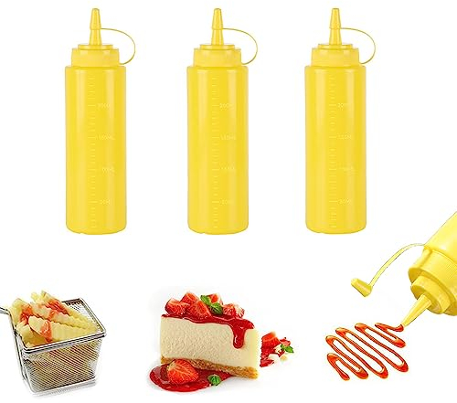 Lot de 3 bouteilles à presser en plastique jaune de 237 ml pour condiments - Bouteilles polyvalentes pour ketchup, huile, confiture, sauce barbecue, vinaigrettes, grillades, sirop