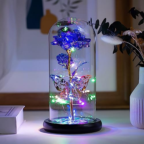 HFHungkeong Muttertag Rosengeschenk Galaxie ewige Rosenblume für Mutter Ehefrau Freundin Oma Jahrestag Geburtstag Geschenk Glaskuppel künstliche Regenbogenrose LED Lichtleiste Kristallblume Rosen