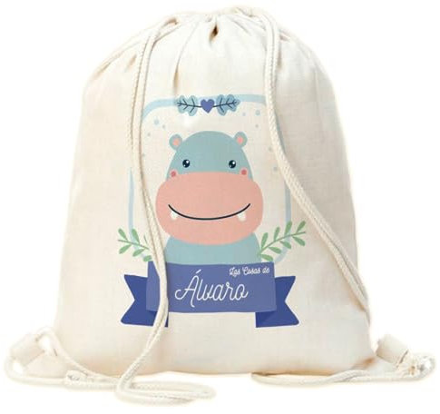 Mochila saco niño personalizada diseño hipopotamo. Mochila de cuerdas personalizada infantil para la Vuelta al cole o guardería. Mochila saco personalizada. Mochilas infantiles personalizadas