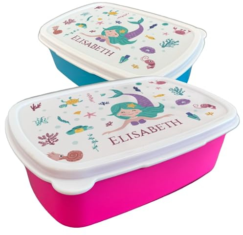 Fiambrera personalizada infantil diseño sirenita para colegio o guardería. Caja merienda personalizada. Apta para microondas y lavavajillas. Libre de BPA. Ideal para los almuerzos del cole