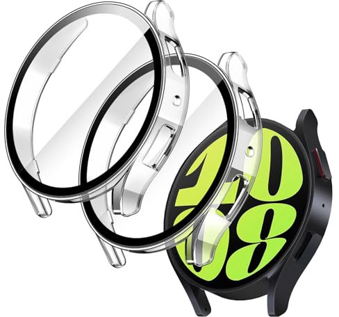 JETech Funda con Protector de Pantalla para Samsung Galaxy Watch 6 44mm, Carcasa Protección General, Cristal Vidrio Templado Incorporado Alta Sensibilidad, 2 Unidades (Transparente)