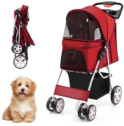 COSTWAY Poussette pour Chien Pliable à 4 Roues Charge 15KG, Chariot pour Chat Portable avec Panier de Rangement Fenêtre en Maille, pour Animaux de Compagnie Moins de 40,5CM (Rouge)