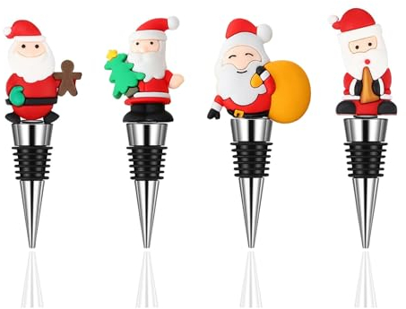4PCS Wine Bottle Stopper, Santa Claus Wine Stopper, Red Christmas Decorative Wine Saver, Reusable Wine Corks Beverage Bottle Stoppers for Xmas Party Gift Bar Holiday Wedding Birthday