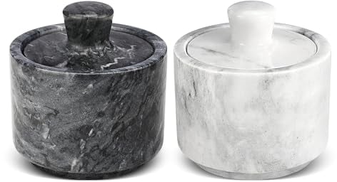 Flexzion Marble Salt Cellar with Lid - Salt and Pepper Bowls Dish Container for Kitchen - Marble Pepper Jar Storage Box Holder for Paprika, Herbs, Sugar, Jewelry & Watches (Set of 2, Black & White)