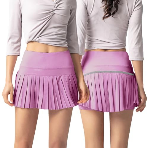 A-Linie Elastischer High Wide Bund Golf Plissee Skort für Frauen Innentaschen Slim Basic leichte Übung Mini Rock Lila S