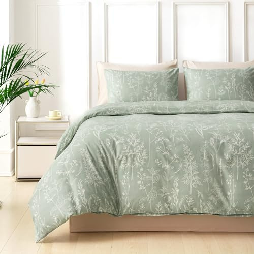 Tokokimo Set Copripiumino Matrimoniale 240x220 cm 100% Microfibra Stile Rami e Foglie Dipinti a Mano, Copripiumone Morbido e Resistente Alle Rughe, 1 copripiumini + 2 Federa 50x80, Verde Salvia