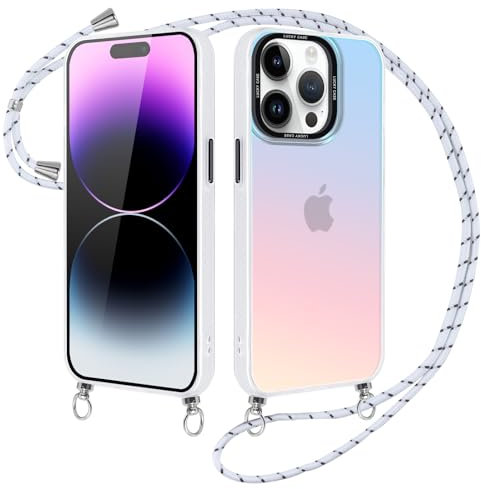 Xylota Funda con Cuerda para iPhone 14 Pro MAX 6.7’’, Aurora Laser Silicona Cordon Carcasa, Ajustable Colgar Collar Correa de Cuello Cadena Colgante Protector Case para iPhone 14 Pro MAX, Blanco