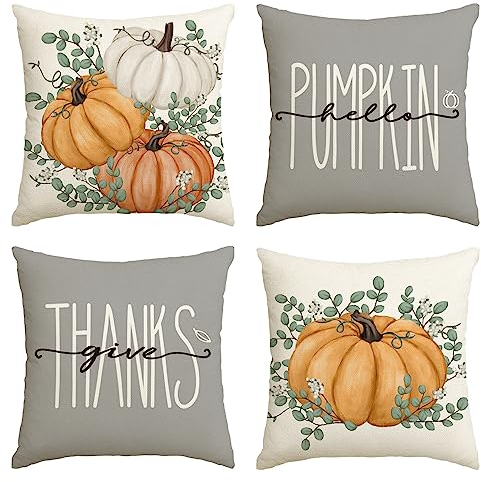 Artoid Mode Orange Kürbisse Eukalyptus Herbst Kissenbezüge 4er Set, 45x45 cm Zierkissenbezug Fall Cushion Cover Couch Wohnzimmer Außenbereich Deko