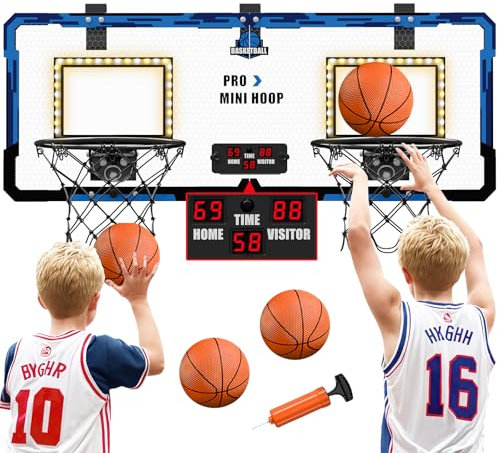 HYES 2-Spieler Basketballkorb für Kinder mit LED-Licht, Basketballkorb für Kids mit 4 Ball Pumpe Indoor Outdoor Basketball Korb Sport Spielzeug Basketball Board, Blau