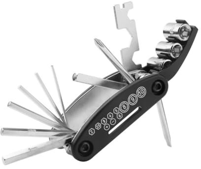 GBZW Bike Tool Kit Set, 16-in-1 Multi Tool with Allen Keys (2/2.5/3/4/5/6mm, 8/9/10mm), Socket Extender, Flat Head Wrench (8/10/15mm), Slotted & Phillips Screwdriver, Stainless Steel, Black
