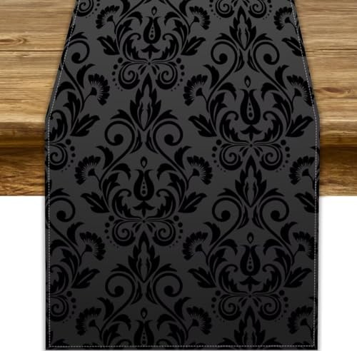 Schwarzer Damast-Tischläufer, antiker viktorianischer Stil, Gothic, Vintage, Blumenmuster, exotisch, für Zuhause, Küche, Esstisch, Party, Urlaub, Dekoration, 33 x 152,4 cm