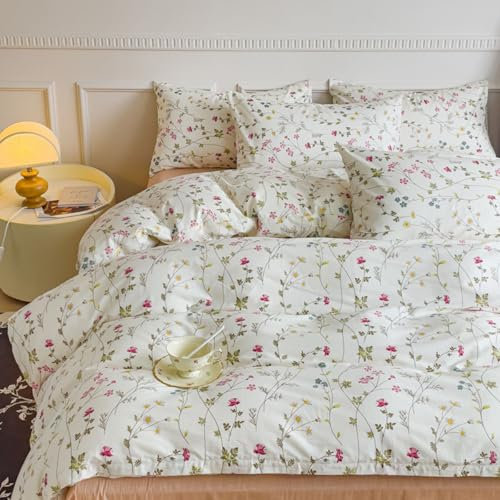 Tospass Baumwolle Bettwäsche Set 155x220cm 2teilig Beige Rosa Bunt Blumen Floral Wende Bettwäsche Blumenmuster Mädchen Elegant Bettbezug mit Reißverschluss und Kissenbezug 80x80cm