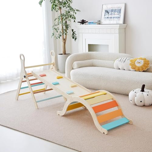 Giant bean 5-in-1 Montessori Kletterdreieck mit Kletterbogen und Rutsche, Holzdreieck für Kleinkinder ab 3+, Indoor Kletterspielzeug, Regenbogen mit Griff, Bunt,S