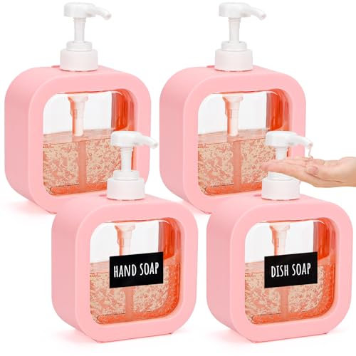 Segbeauty Pumpspender, 4 Stück 500ml Duschgel Spender, Spülmittelspender, Seifenspender Plastik, Pumpspender Shampoo, Duschgel Behälter, Spüli Spender Küche mit Etiketten, Seifenspender Set (Rosa)